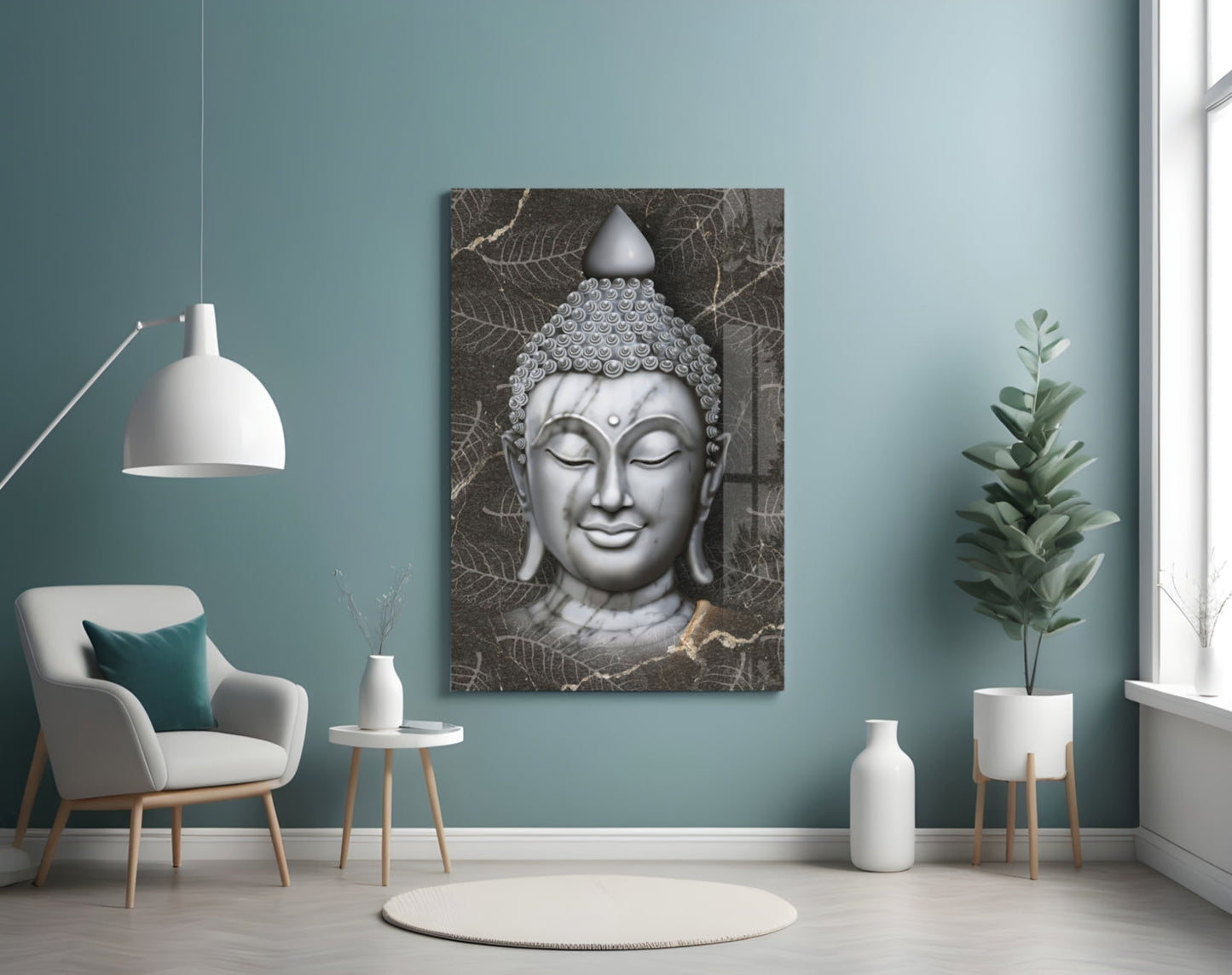 Silver Marble Buddha Head Glass Wall Art