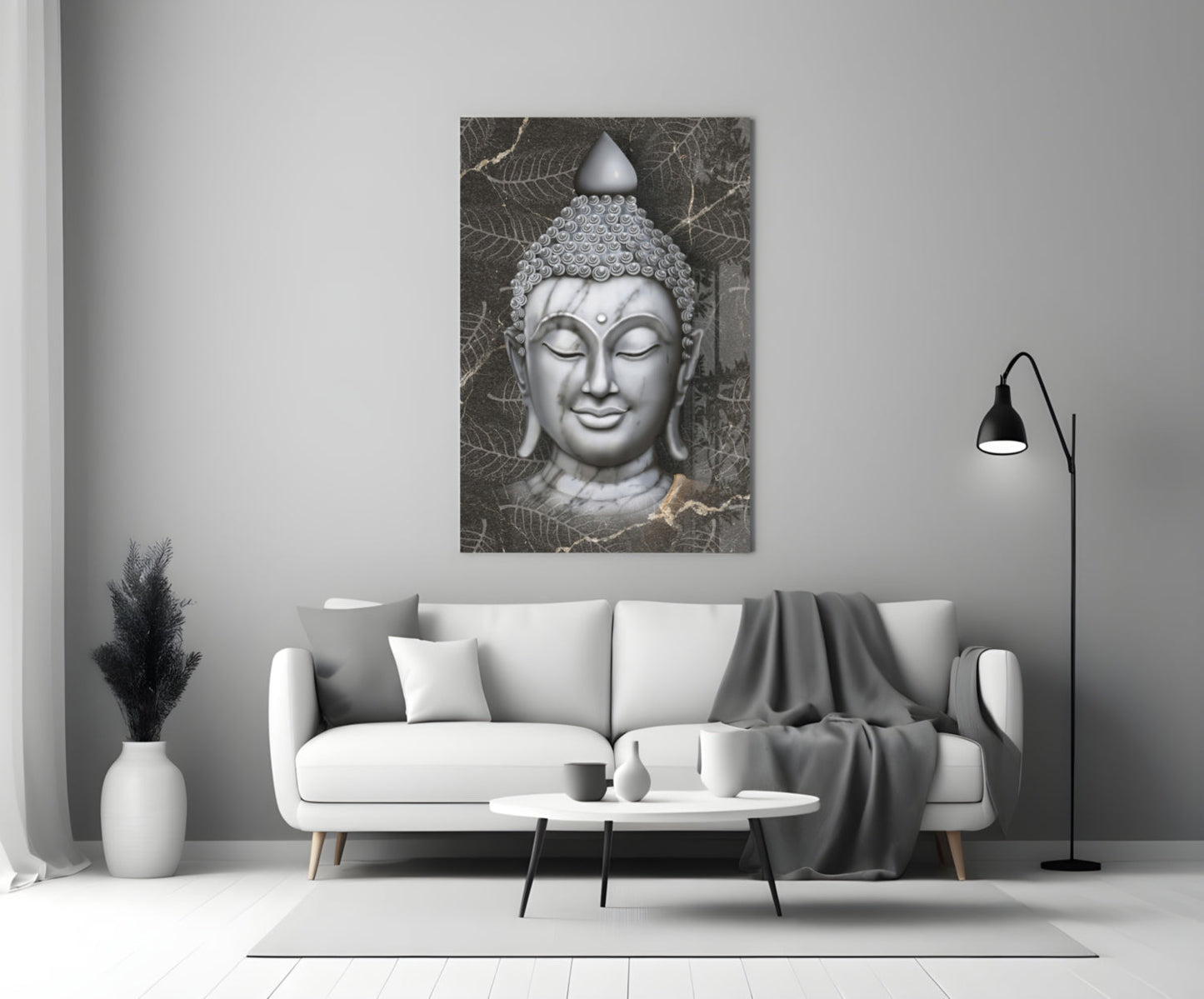 Silver Marble Buddha Head Glass Wall Art