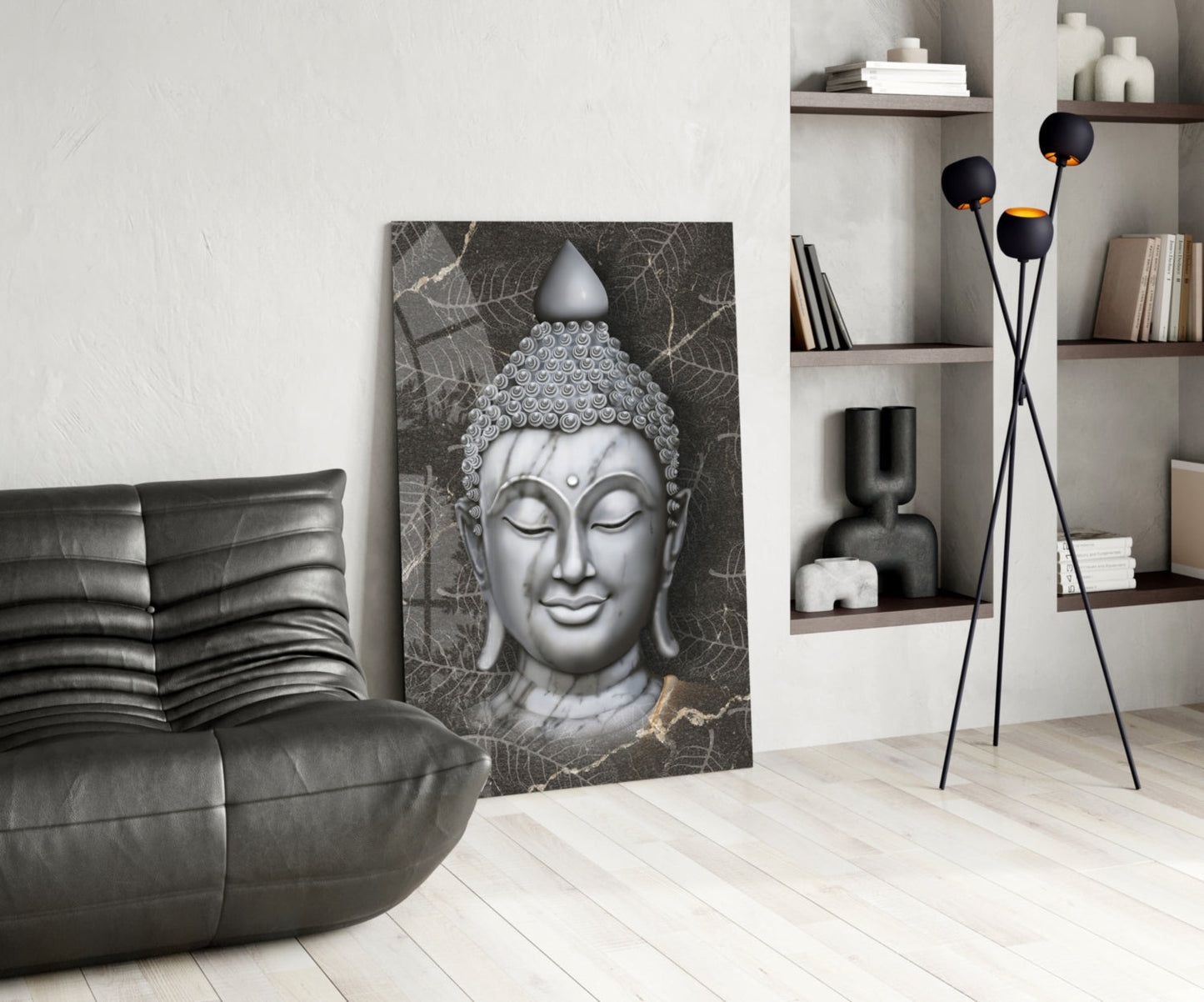 Silver Marble Buddha Head Glass Wall Art