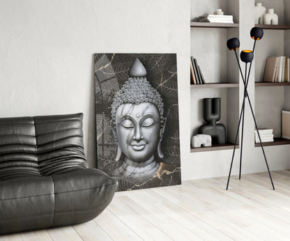 Silver Marble Buddha Head Glass Wall Art