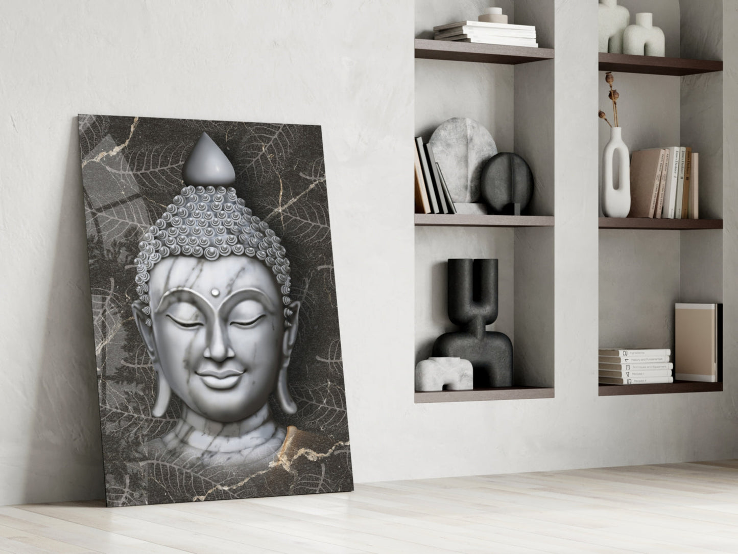 Silver Marble Buddha Head Glass Wall Art