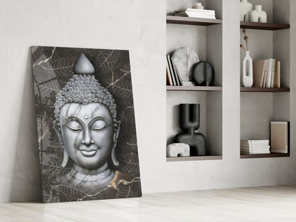Silver Marble Buddha Head Glass Wall Art