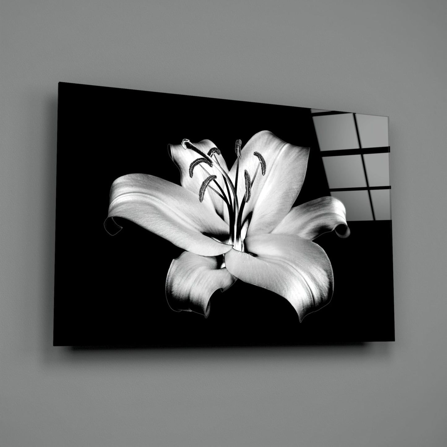 Black and white lily flower photograph printed on glass wall art panel with grid pattern, mounted at angle against gray wall.