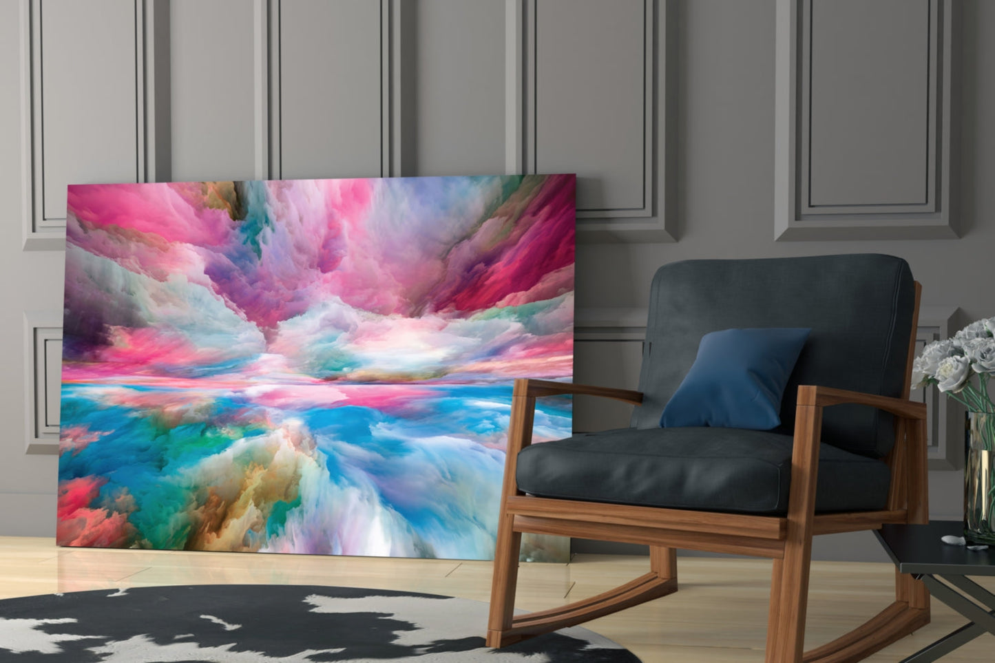 Colorful abstract glass wall art displaying pink, blue, and turquoise swirling clouds displayed in a modern living room interior.