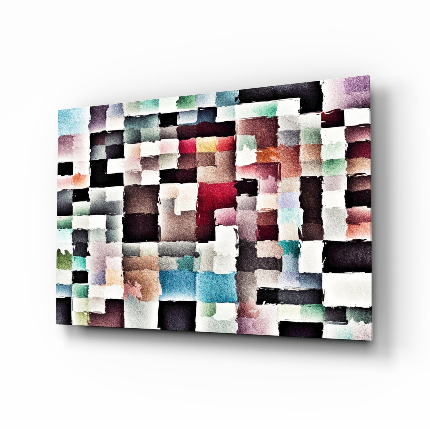 Abstract glass wall art featuring a patchwork of watercolor rectangles in jewel tones, blacks, and whites arranged in an irregular grid pattern.