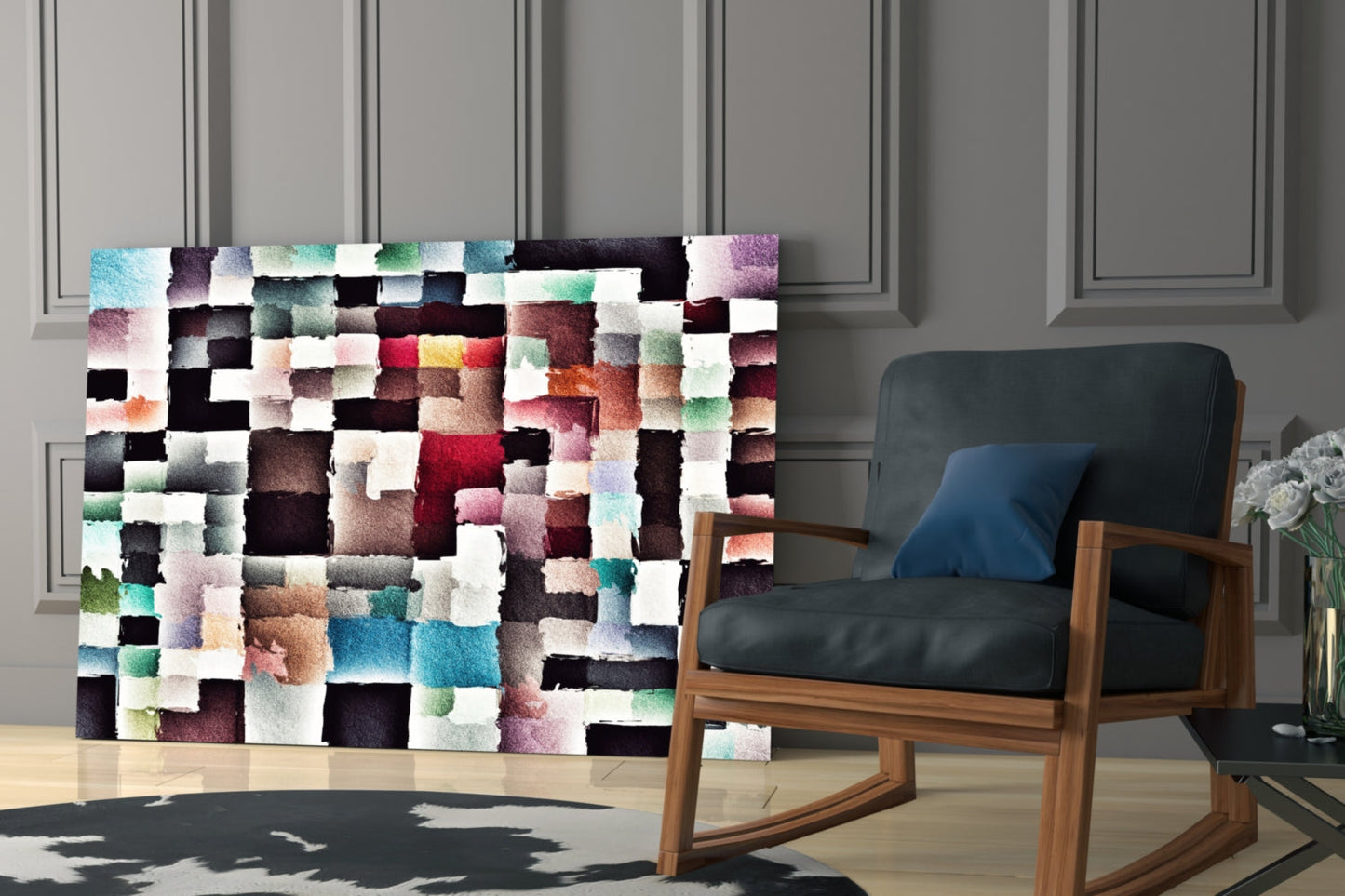 Colorful patchwork glass wall art with multicolored squares displayed in modern living room beside wooden rocking chair.