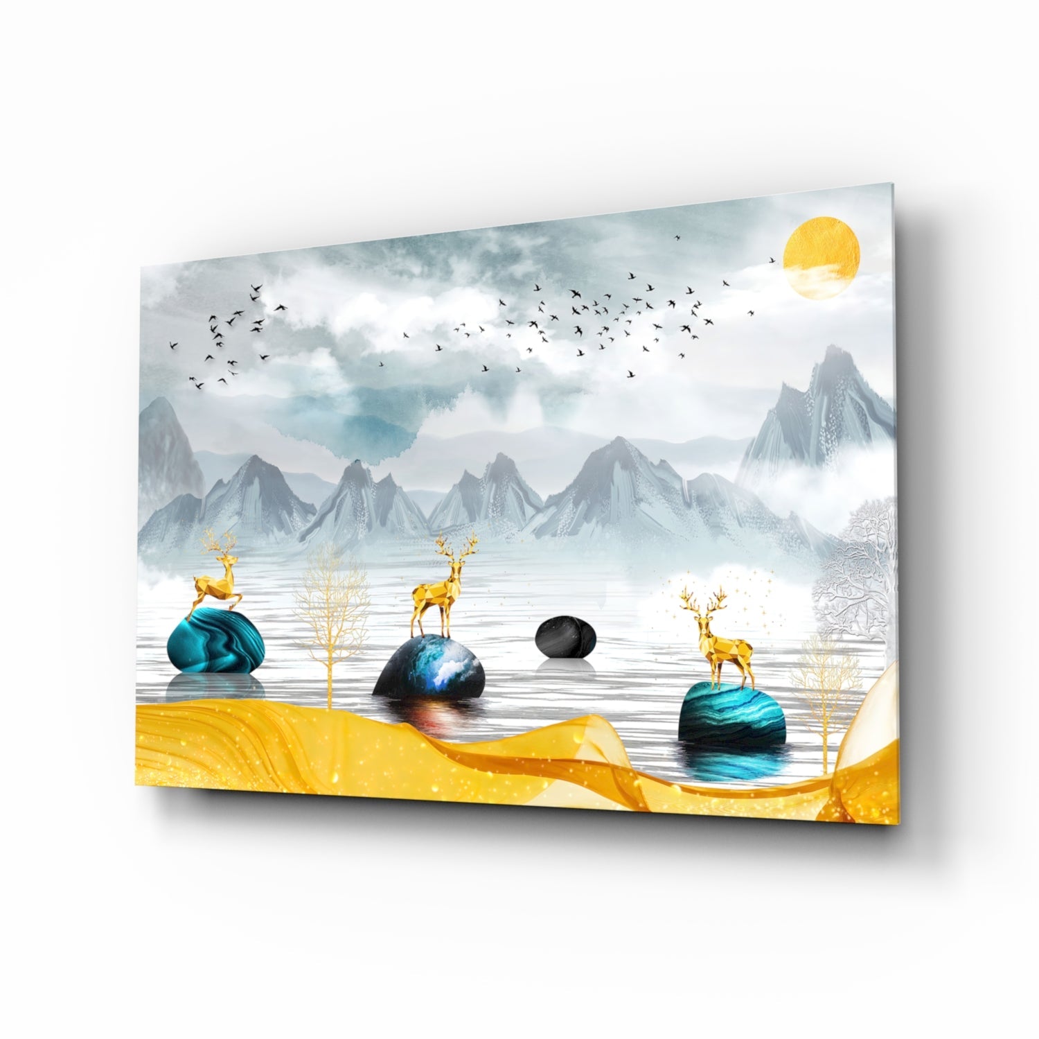 Glass wall art angled perspective showing golden deer on teal rocks in misty mountain lake landscape with yellow sun.