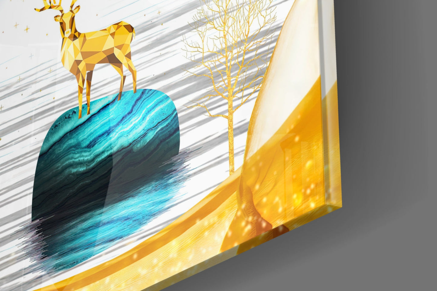 Angled view of glass wall art featuring a geometric gold deer on a turquoise-blue striped stone, with golden trees and gray striped background.