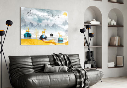 Modern living room with black leather sofa displaying colorful glass wall art featuring golden deer, turquoise spheres, and misty mountains above.