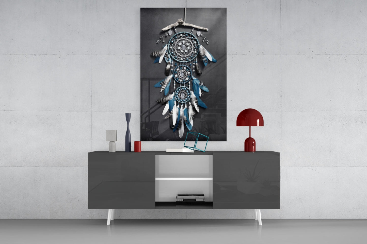 Triple Blue Feather Dreamcatcher Glass Wall Art