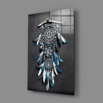 Triple Blue Feather Dreamcatcher Glass Wall Art