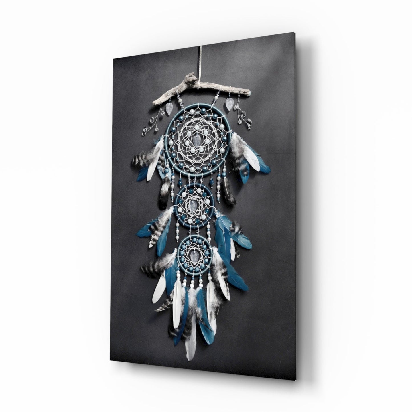 Triple Blue Feather Dreamcatcher Glass Wall Art