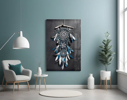 Triple Blue Feather Dreamcatcher Glass Wall Art