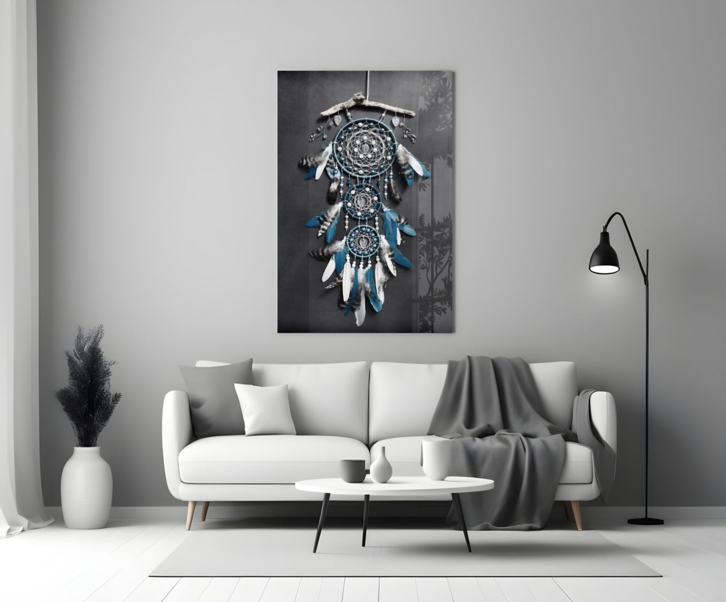 Triple Blue Feather Dreamcatcher Glass Wall Art