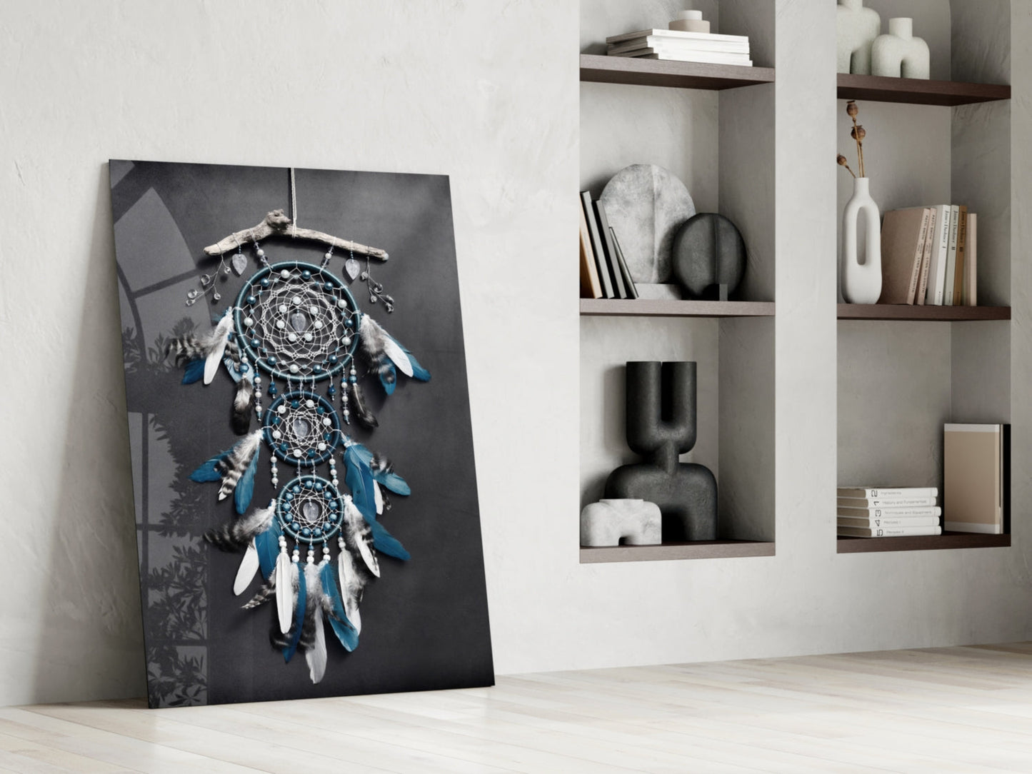 Triple Blue Feather Dreamcatcher Glass Wall Art
