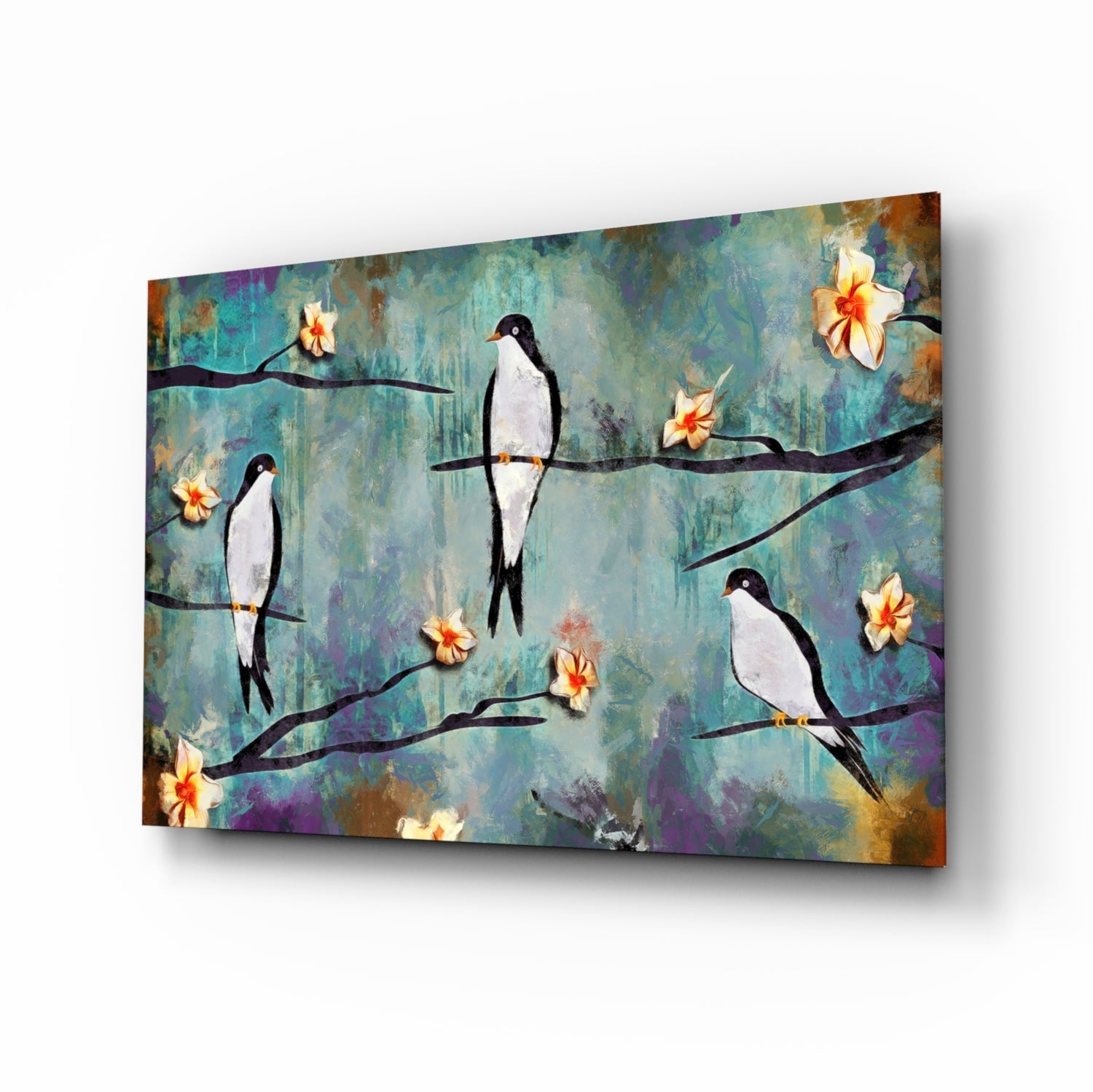 Glass wall art featuring three black and white birds perched on branches with yellow flowers against a textured teal and purple background.