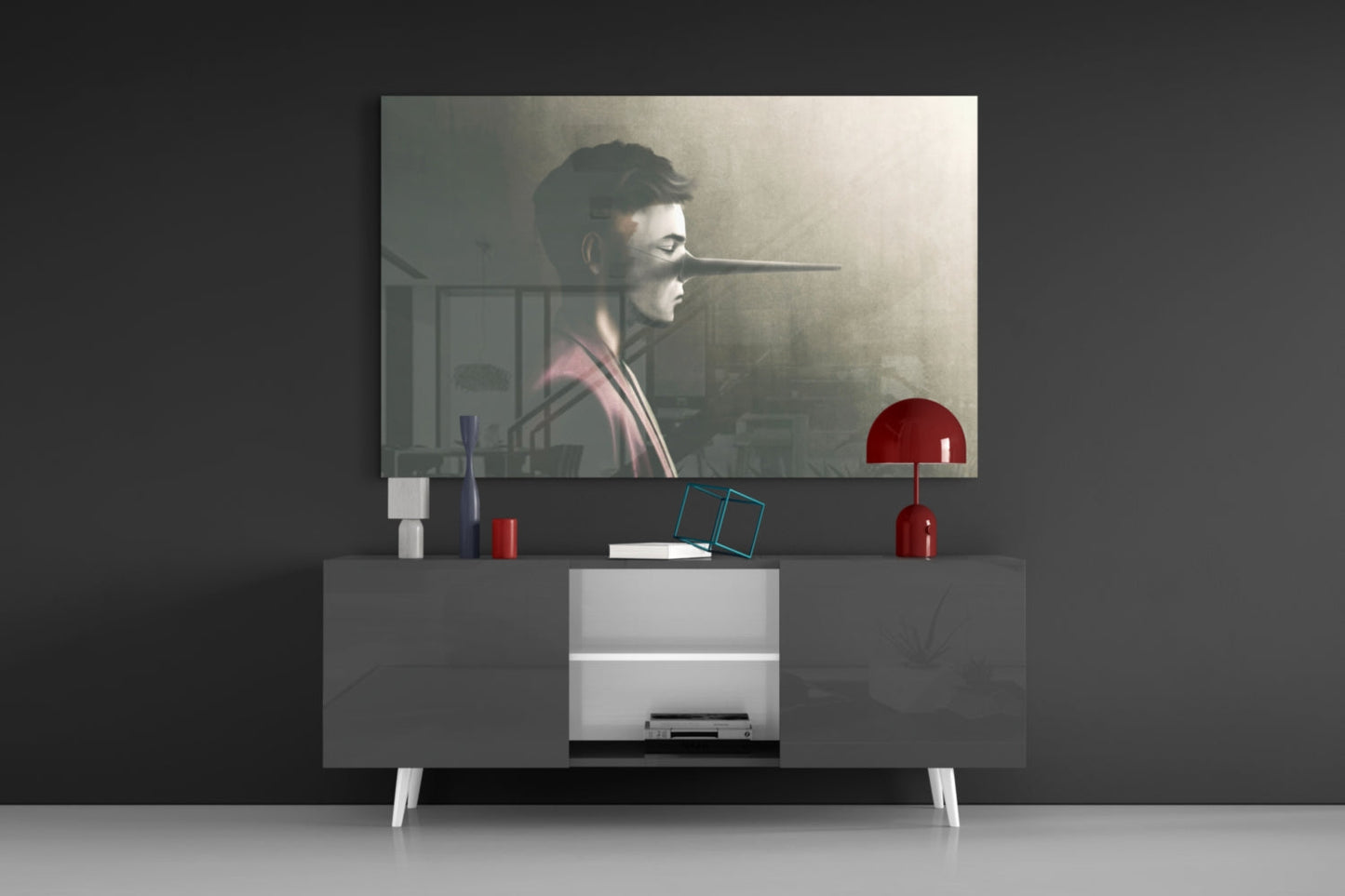 Modern living room display featuring Liar Glass Wall Art mounted above gray media console with red lamp and decorative accessories.