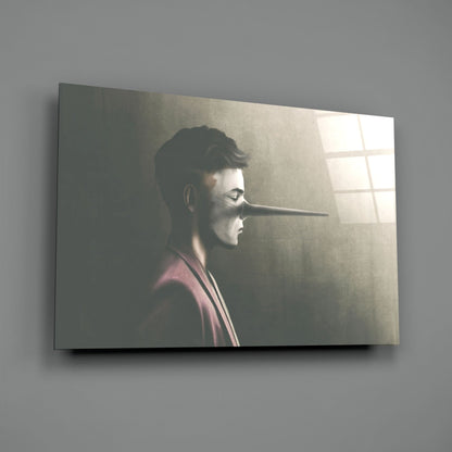 Profile view of figure with elongated nose against muted wall with window, printed on glass panel.