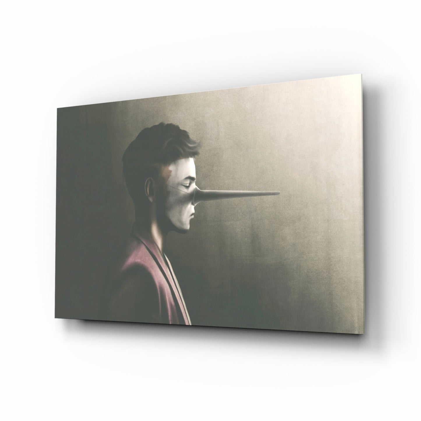 Profile view of glass wall art featuring a figure with an elongated nose against a muted green and beige background, mounted at an angle.