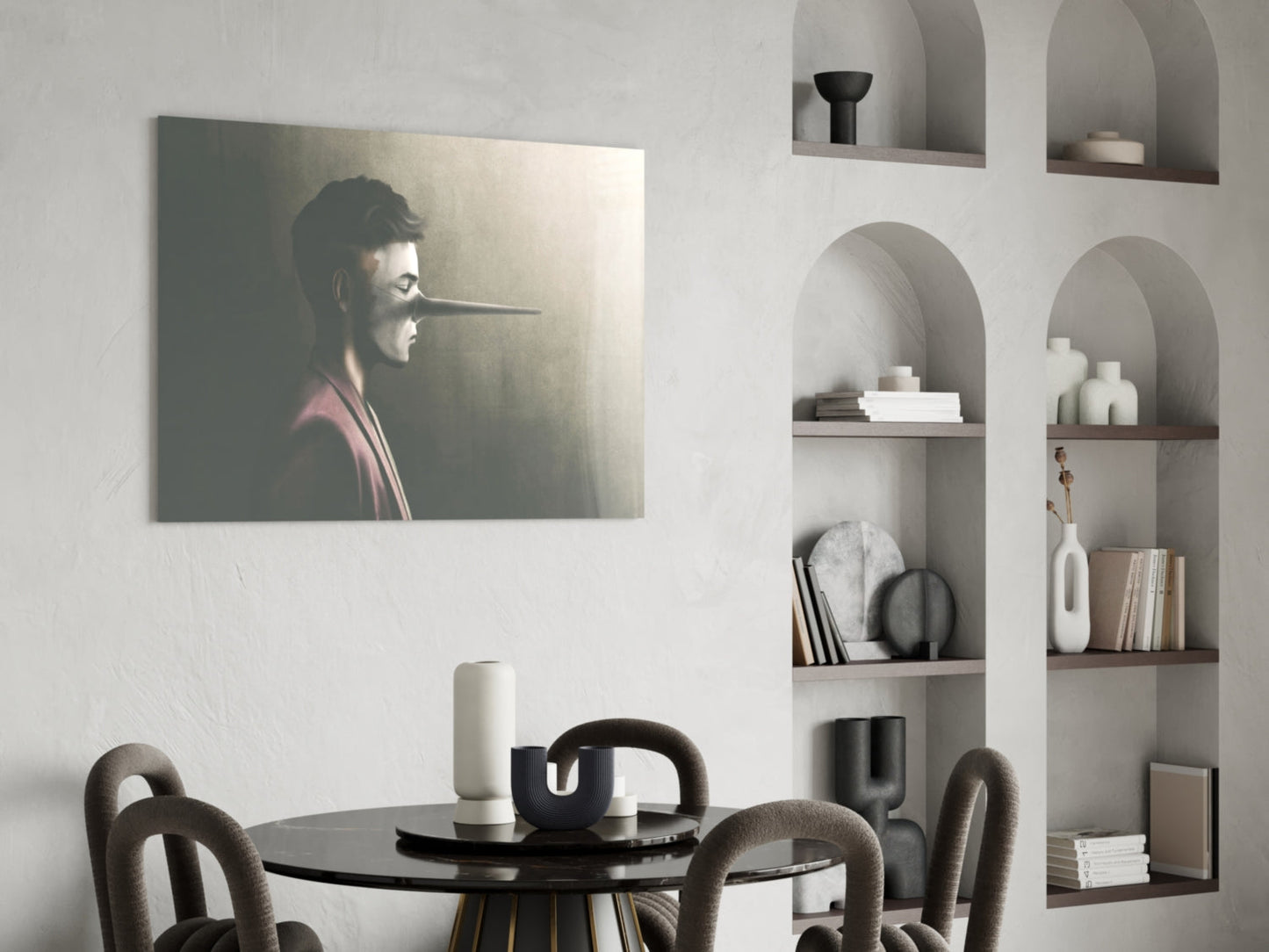Profile portrait of man with extended nose on glass panel displayed above black dining table in modern interior.