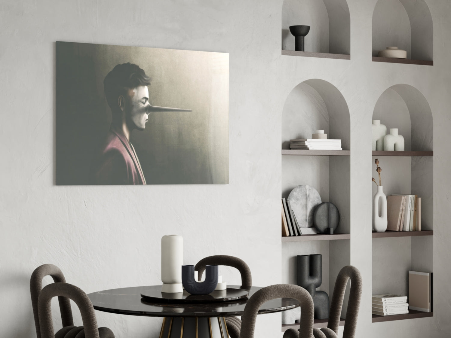 Profile portrait of man with extended nose on glass panel displayed above black dining table in modern interior.