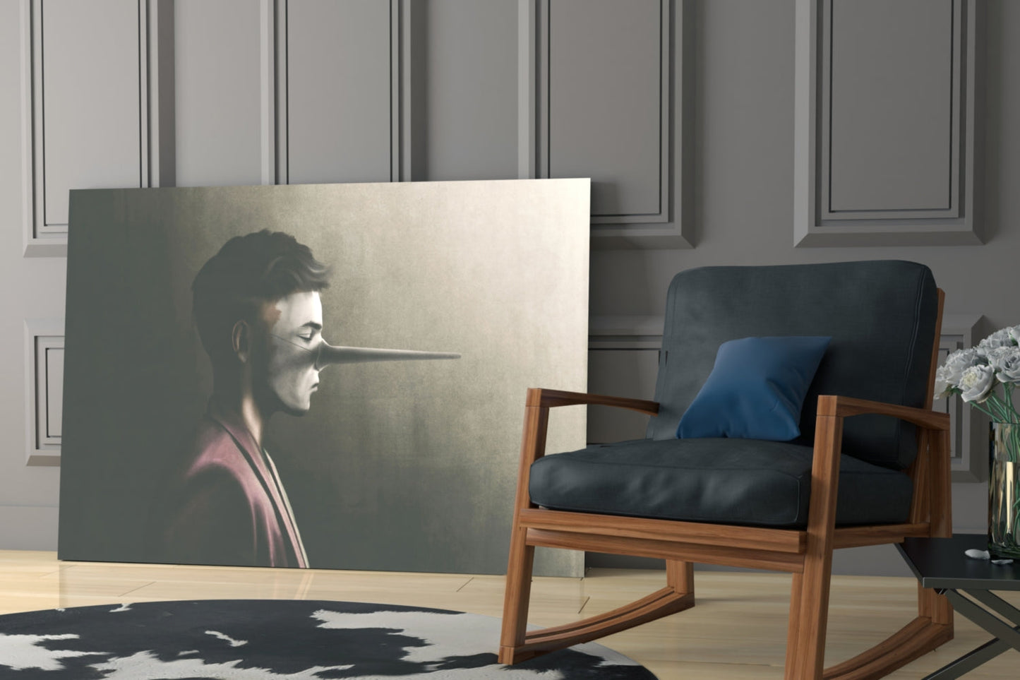 Glass wall art depicting a profile of a man with an elongated nose, wearing burgundy, displayed in a modern living room setting.