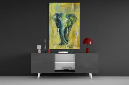 Green Oil Painting Walking Elephant Glass Wall Art