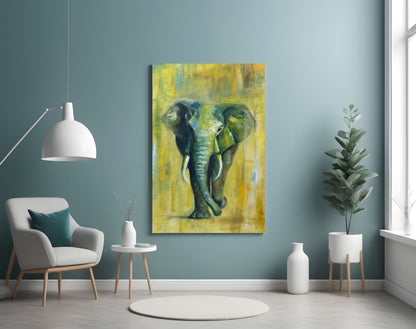 Green Oil Painting Walking Elephant Glass Wall Art