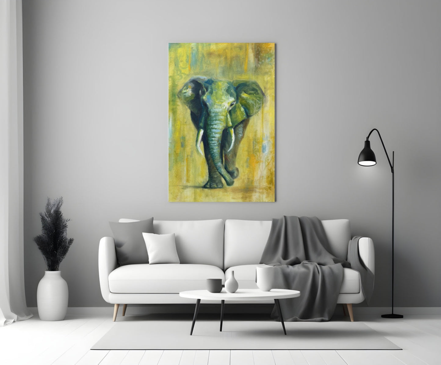 Green Oil Painting Walking Elephant Glass Wall Art