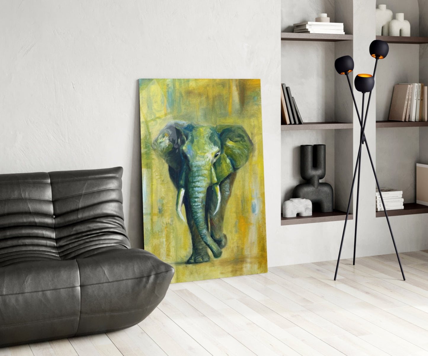 Green Oil Painting Walking Elephant Glass Wall Art