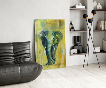 Green Oil Painting Walking Elephant Glass Wall Art