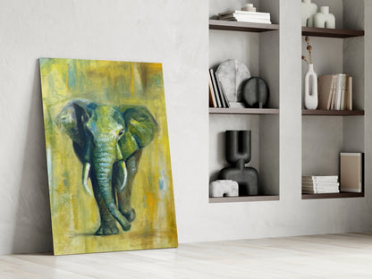 Green Oil Painting Walking Elephant Glass Wall Art