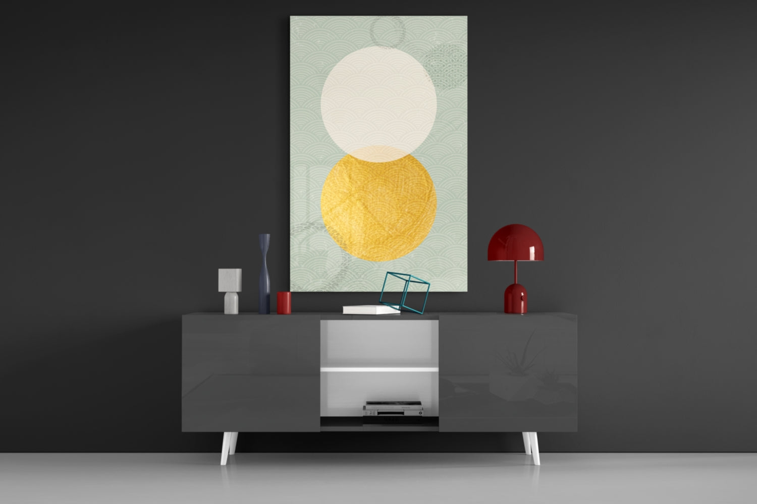 Sun and Moon glass wall art displayed above a dark media console, showing cream circle atop yellow circle on pale green patterned background.