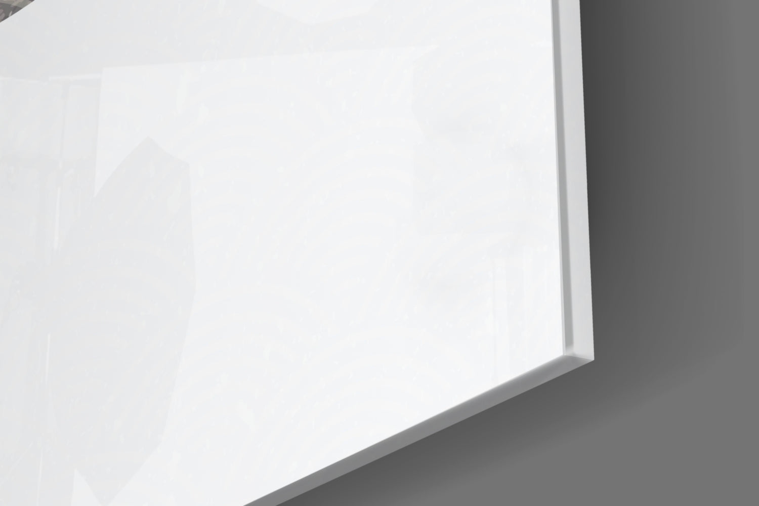 Close-up angled view of a white glass panel with beveled edge against gray background, showing glossy surface and dimensional depth.