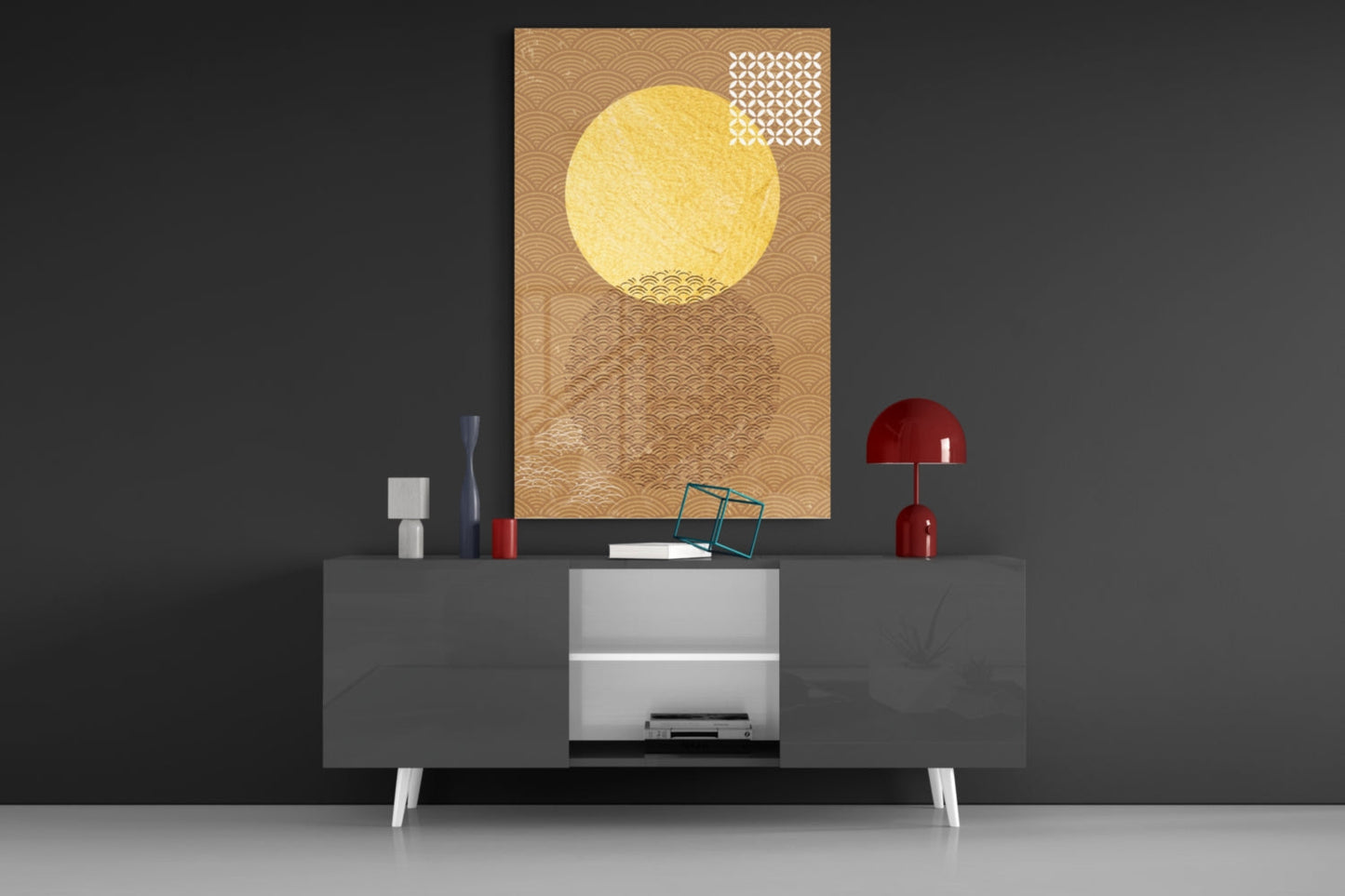 Modern living room display featuring "Shadow of the Sun" glass wall art with yellow circular design above gray media console with red accents.
