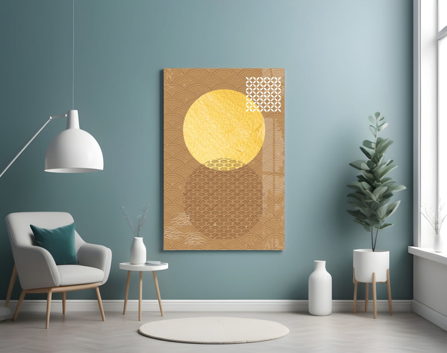 Framed glass wall art featuring a large yellow circle against tan geometric patterned background, displayed in modern living room interior.