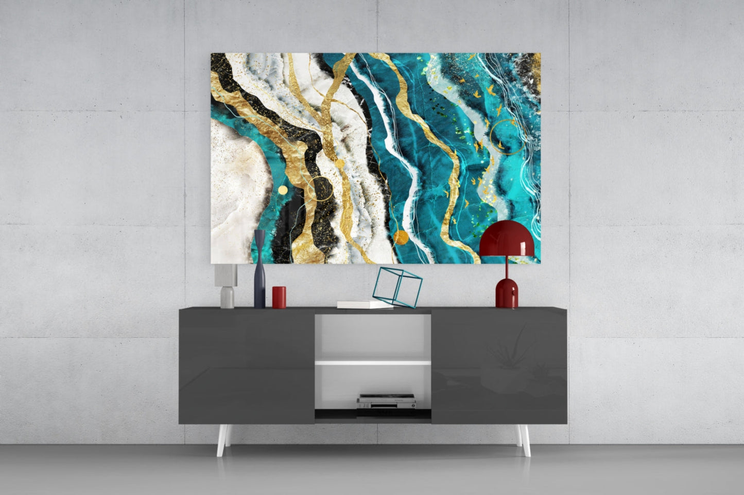 Marble Waves Glass Wall Art displayed above a dark gray media console, showing turquoise, gold, black, and white abstract patterns.