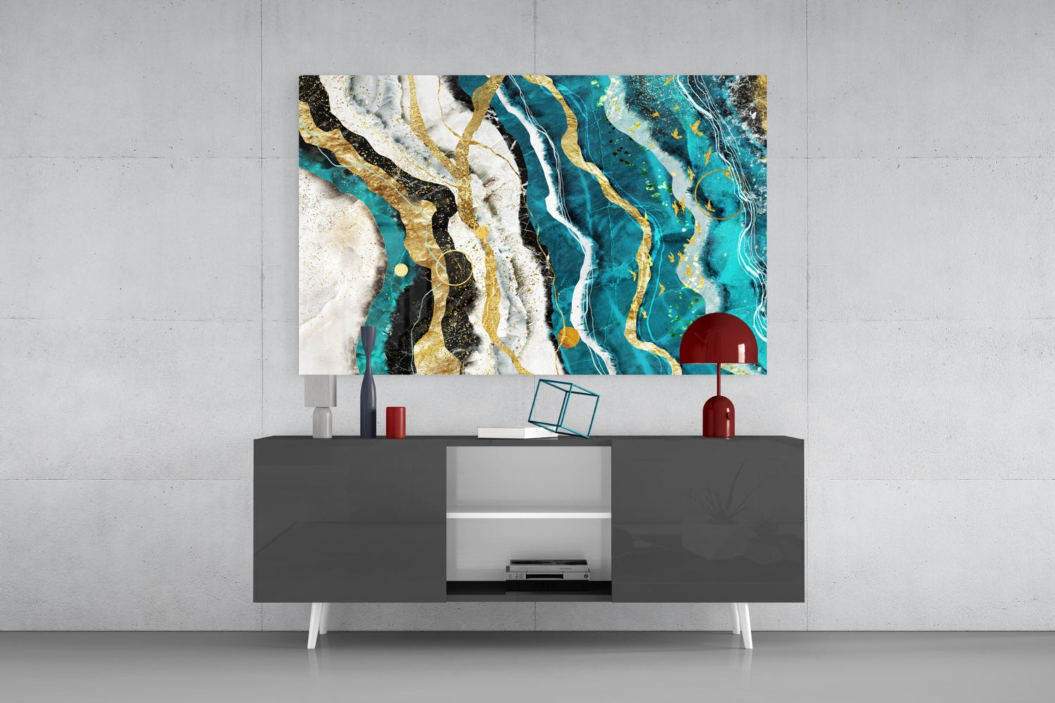 Marble Waves Glass Wall Art displayed above a dark gray media console, showing turquoise, gold, black, and white abstract patterns.