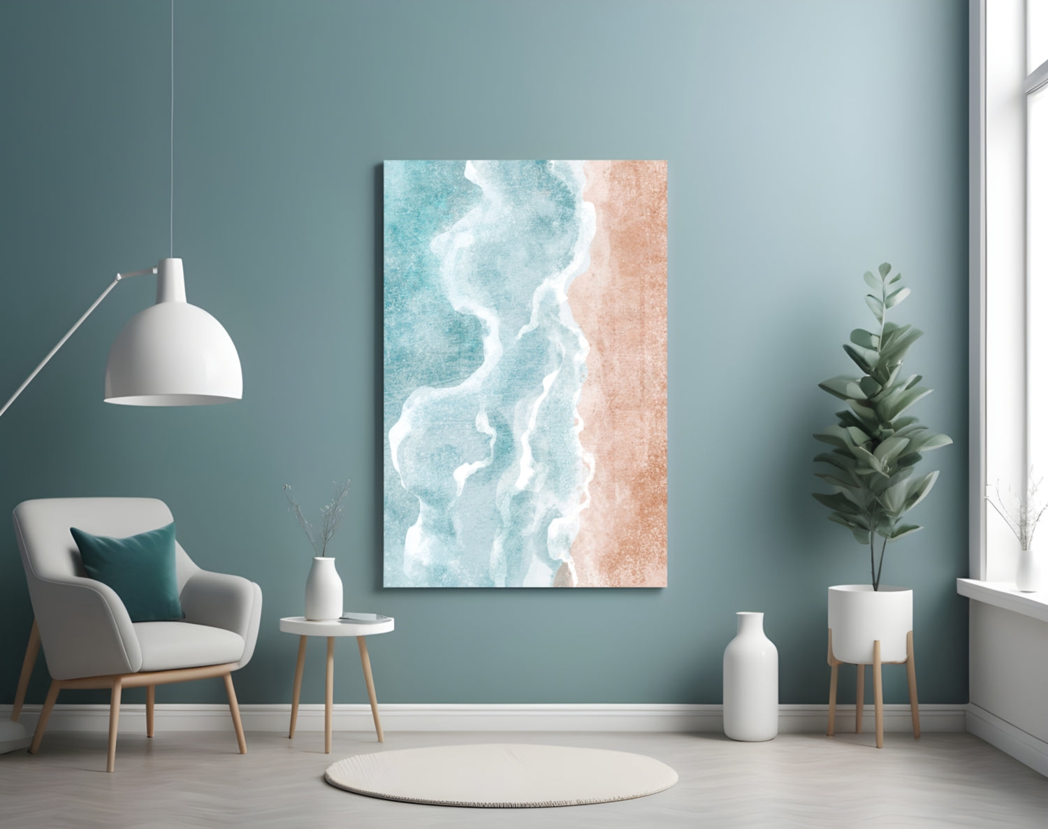 Beach glass wall art with turquoise waves and white foam on sandy background, displayed above minimalist furniture in teal room.