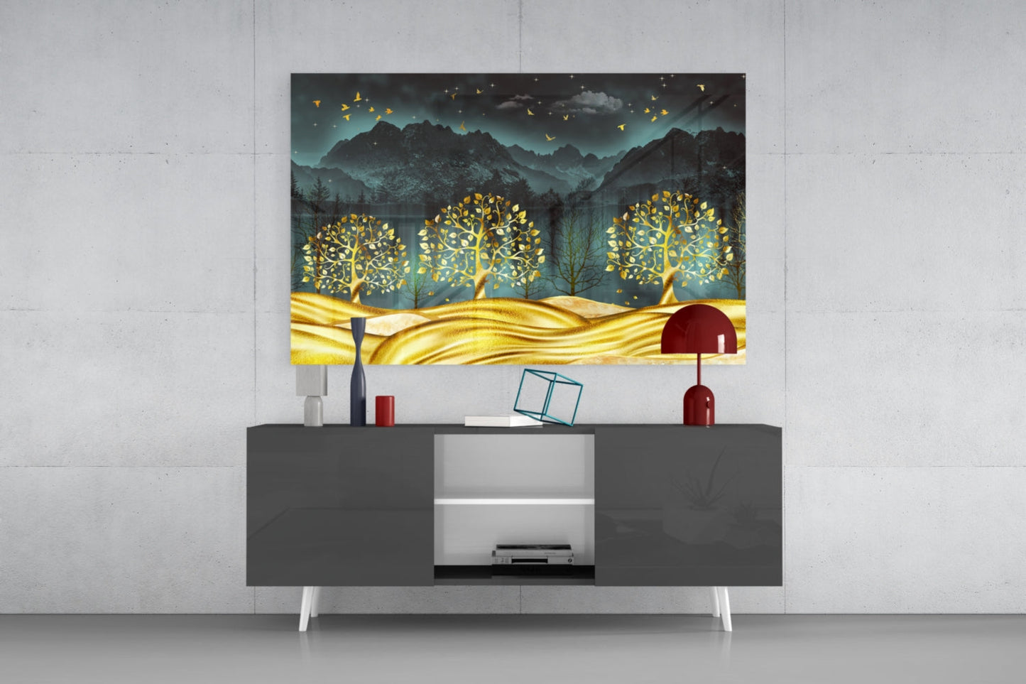 Golden Forest Glass Wall Art displayed above a dark grey media console, featuring illuminated golden trees against a teal nighttime mountain landscape.