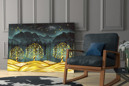 Golden Forest Glass Wall Art displayed against a wall next to a wooden chair with blue cushion in a modern interior setting.