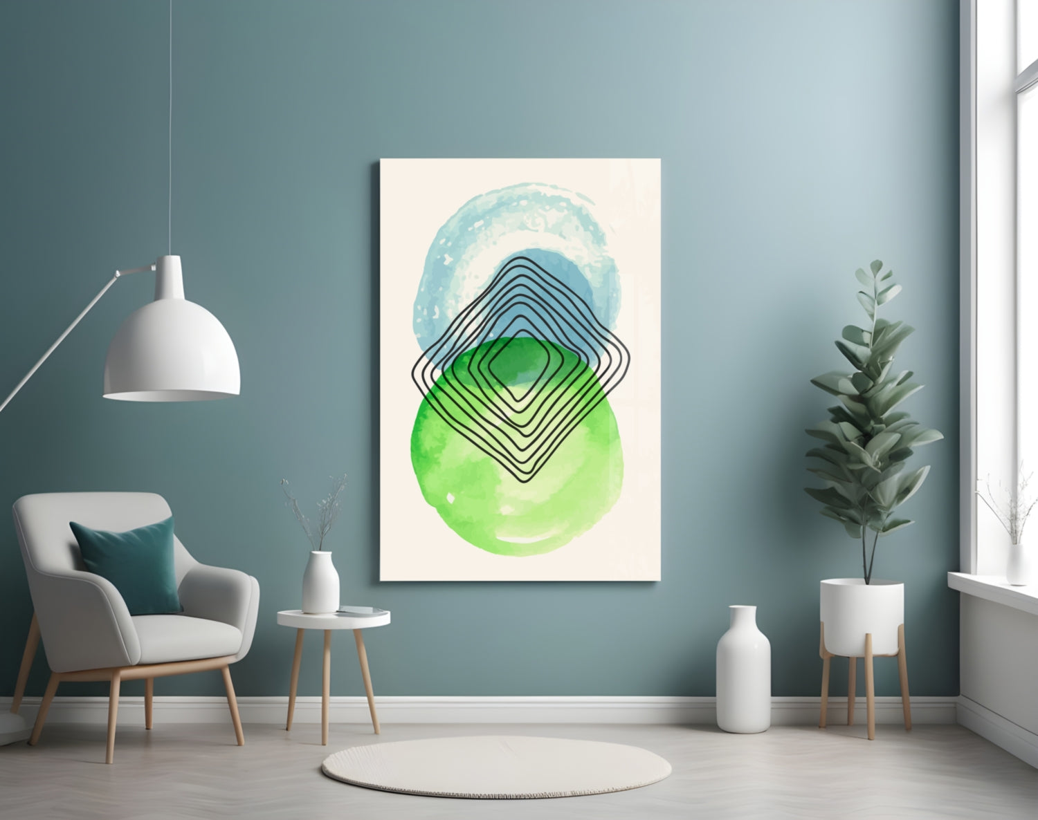 Abstract glass wall art with concentric geometric shapes in blue, green, and black lines displayed in a modern teal bedroom interior.