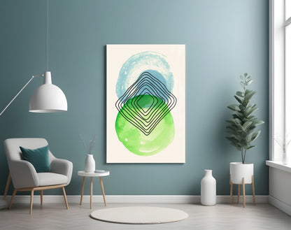 Abstract glass wall art with concentric geometric shapes in blue, green, and black lines displayed in a modern teal bedroom interior.