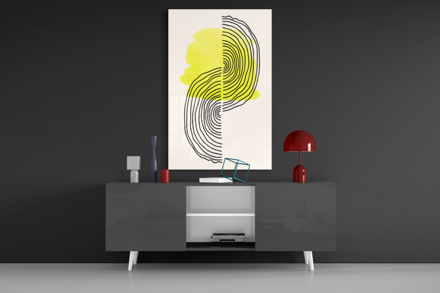 Modern living room display featuring abstract sun glass wall art with yellow and black concentric line design above gray media console with red accents.