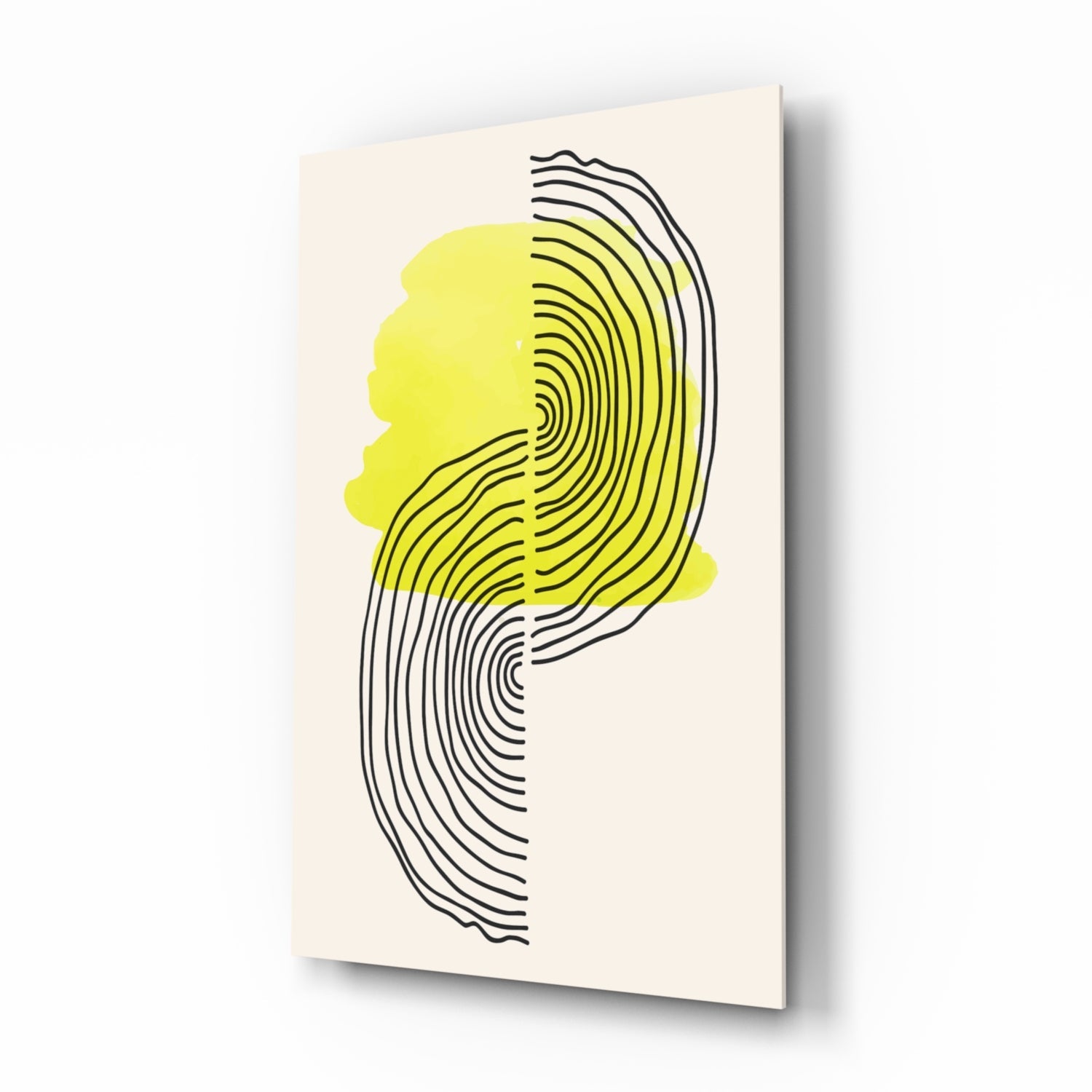 Canvas wall art featuring a yellow and black line-drawn profile silhouette with concentric circular patterns on cream background.