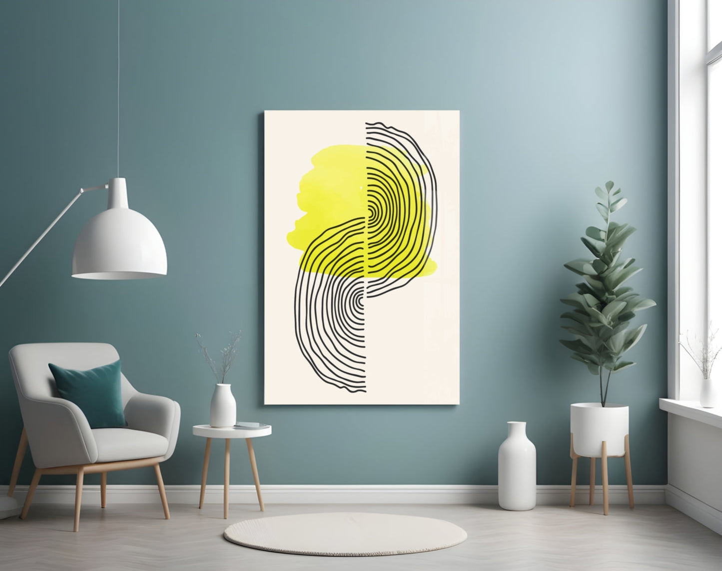 Abstract sun glass wall art with yellow and black line design displayed in modern living room with teal walls, white chair, and potted plants.