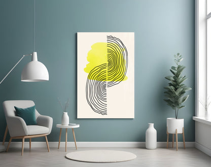 Abstract sun glass wall art with yellow and black line design displayed in modern living room with teal walls, white chair, and potted plants.