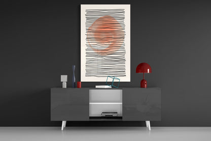Abstract Sunset Glass Wall Art displayed above gray media console with red lamp and decorative objects in modern interior setting.