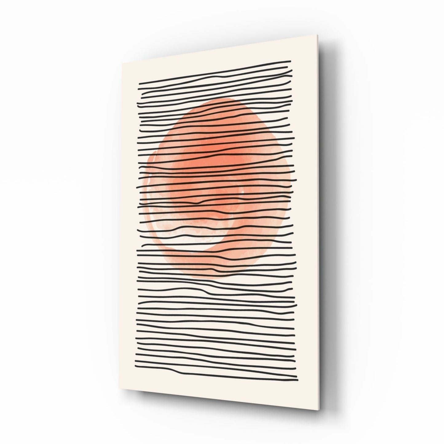 Angled view of a glass wall art panel with horizontal black lines and coral-colored brushstroke shapes on a cream background.