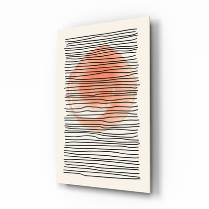 Angled view of a glass wall art panel with horizontal black lines and coral-colored brushstroke shapes on a cream background.